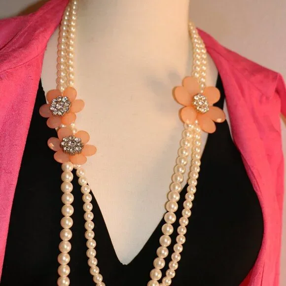 VCLM Faux Pearl Floral Rhinestones Fashion Necklace Double Strand 31" - Picture 2 of 7